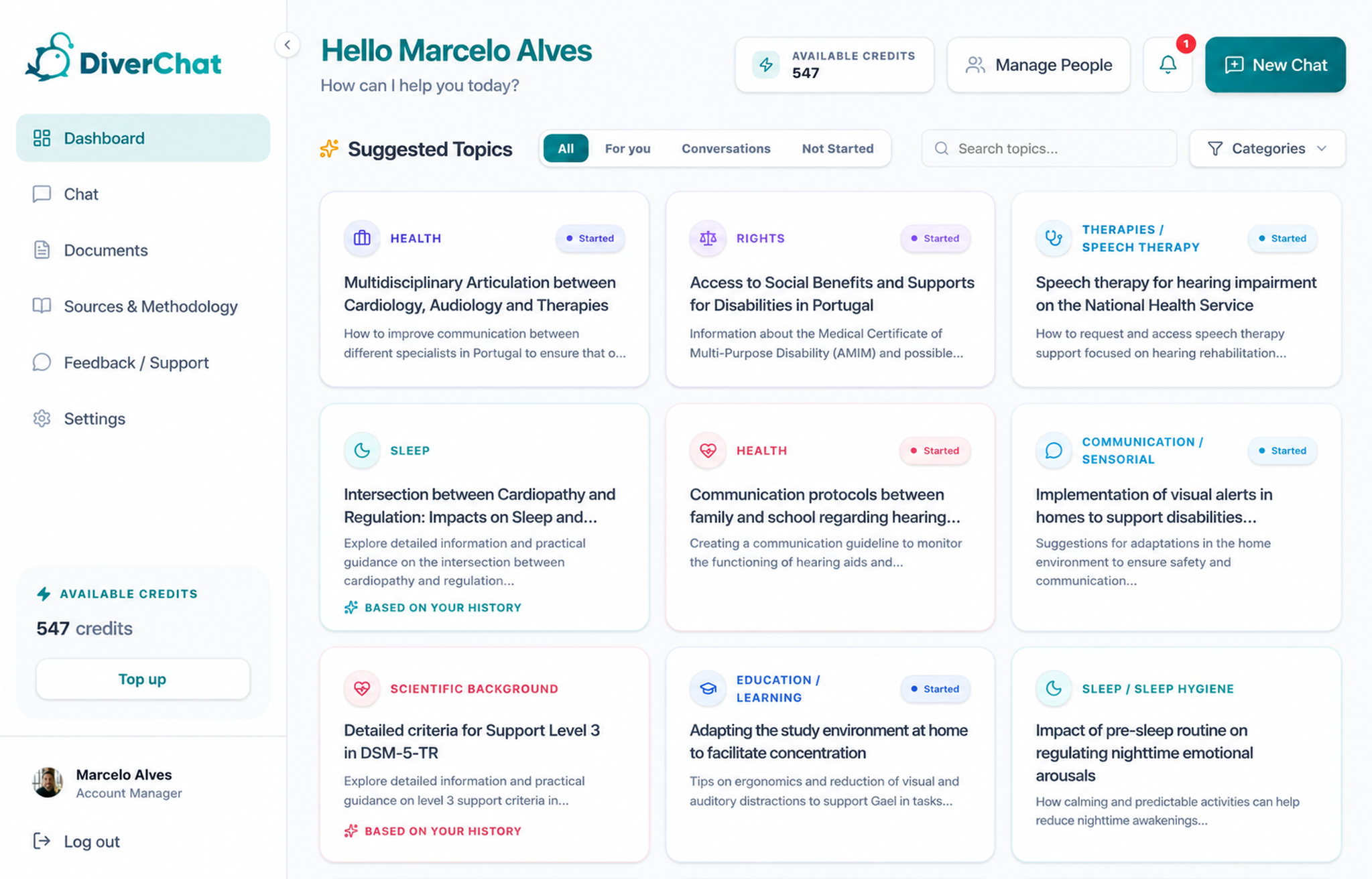 DiverChat interface with suggested topics, history, documents, and sources