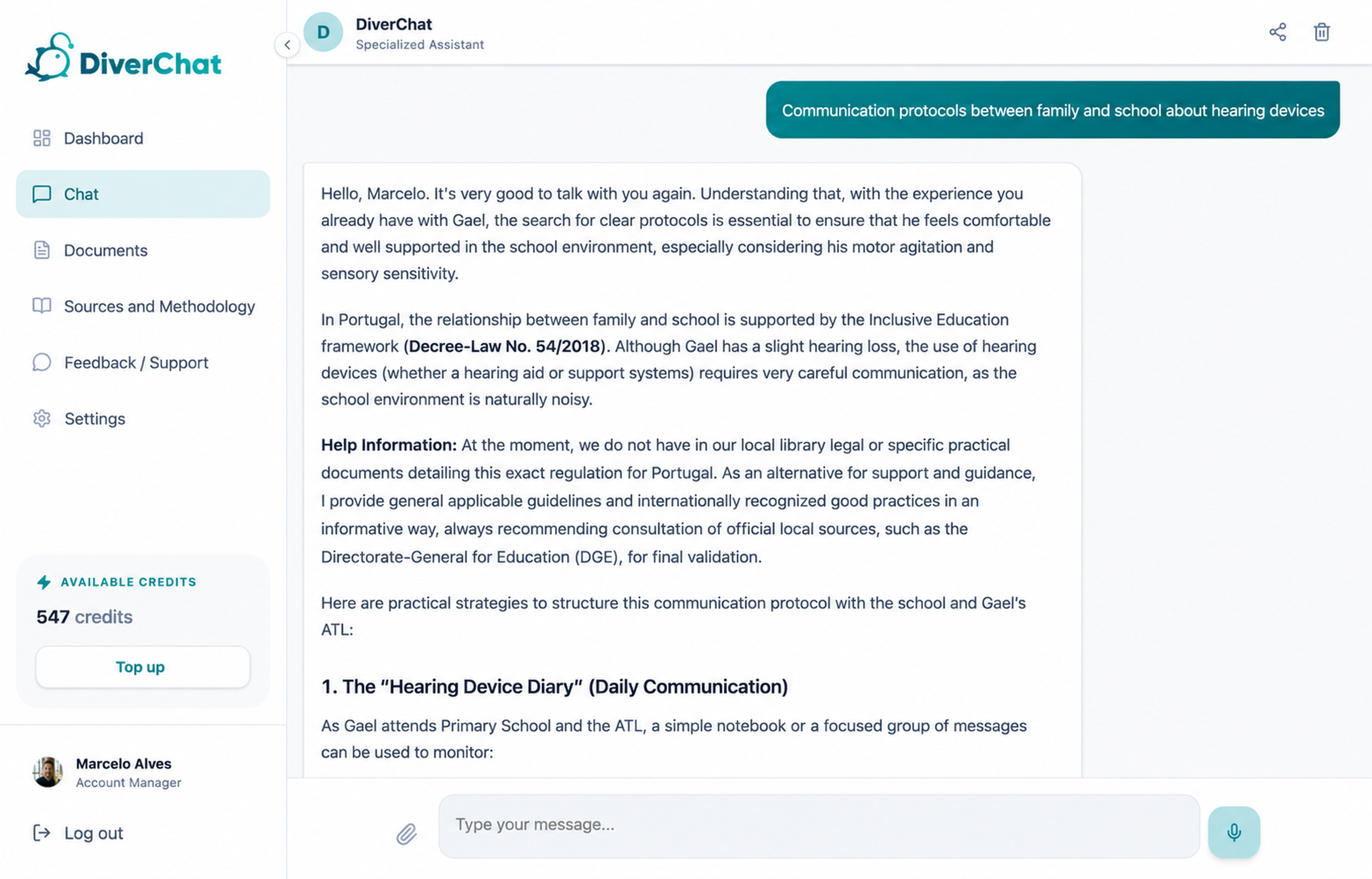DiverChat specialized conversation screen with contextual response