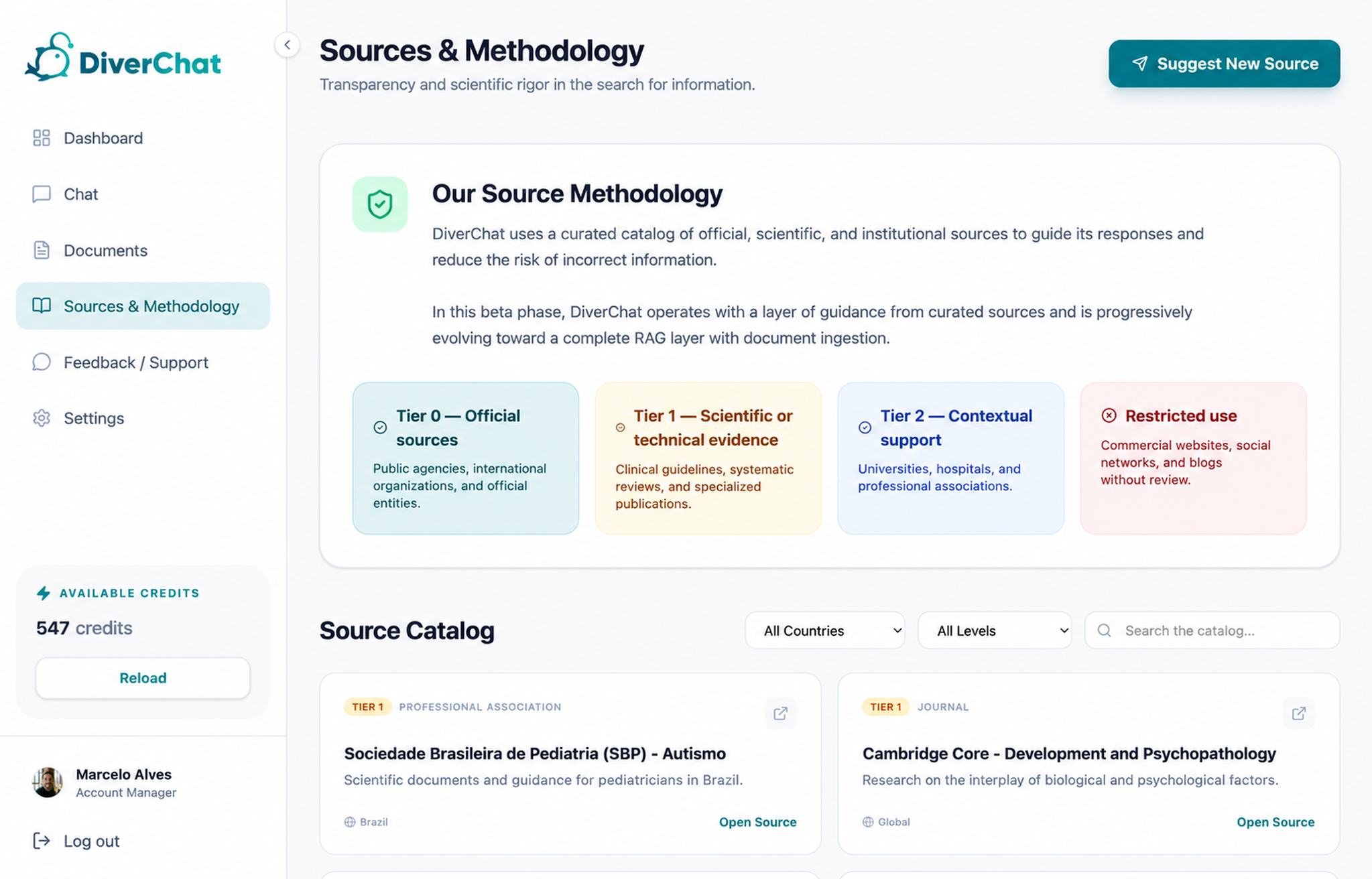 DiverChat sources and methodology screen with reference catalog