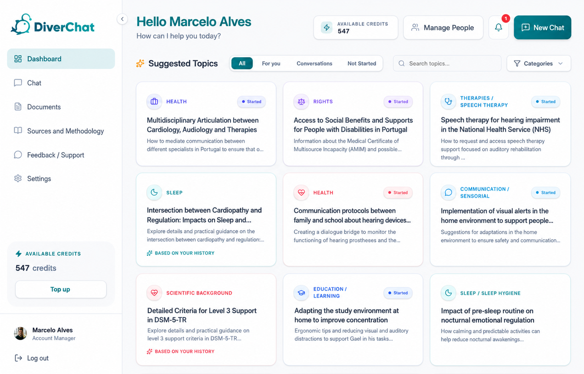 DiverChat suggested topics screen for families and professionals